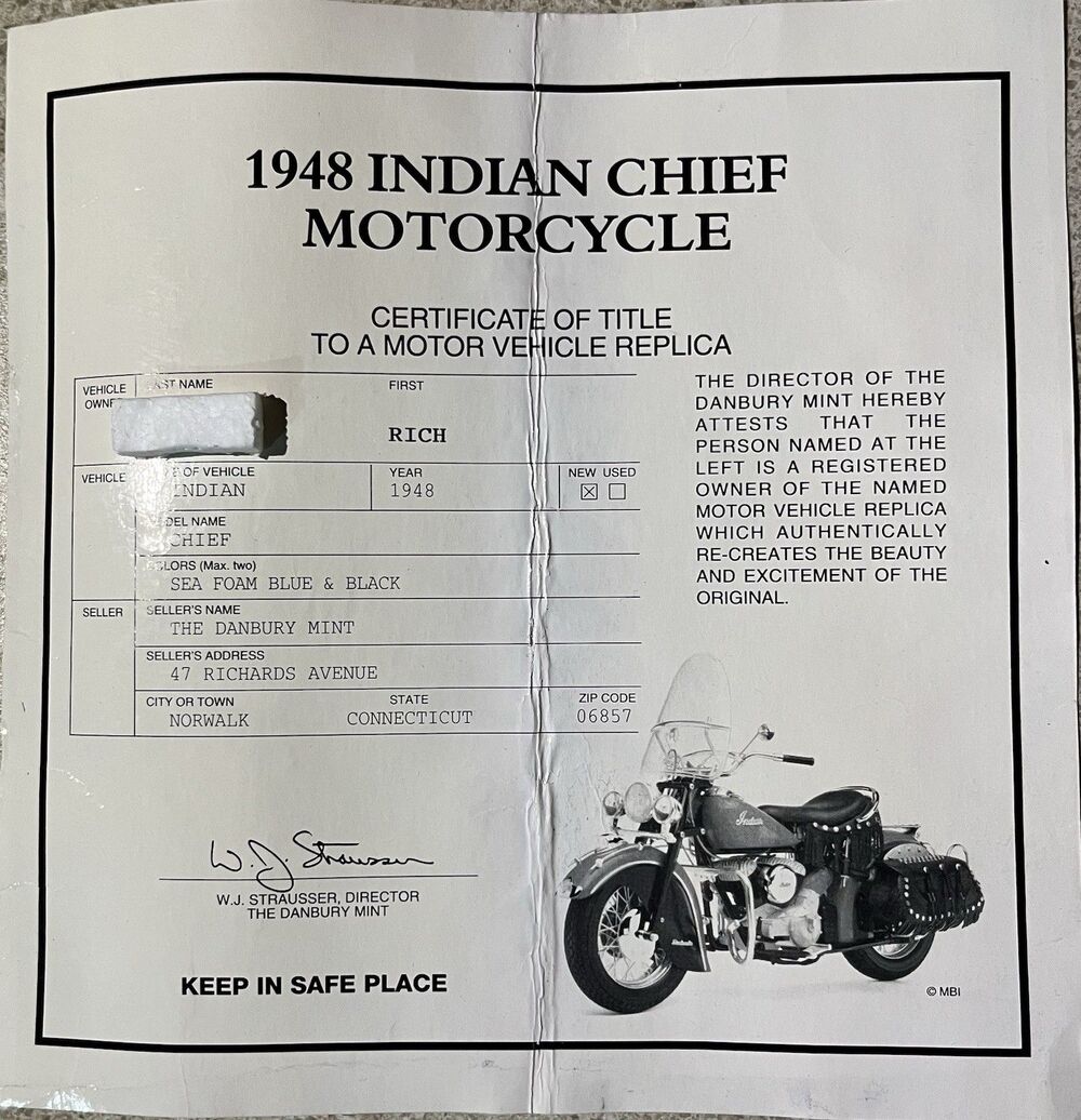 1948 Danbury Mint Indian Chief Motorcycle Sea Foam Blue & Black Title Only